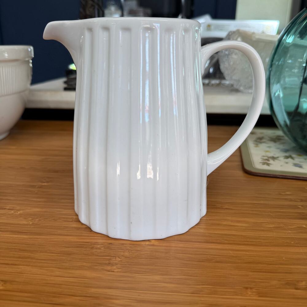 Crate & Barrel ~6" White Ribbed Ironstone Porcelain‎ Farmhouse Style Pitcher
